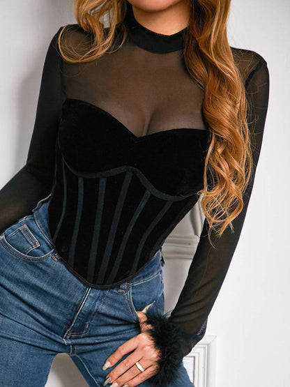 Mesh Patchwork Velvet Top