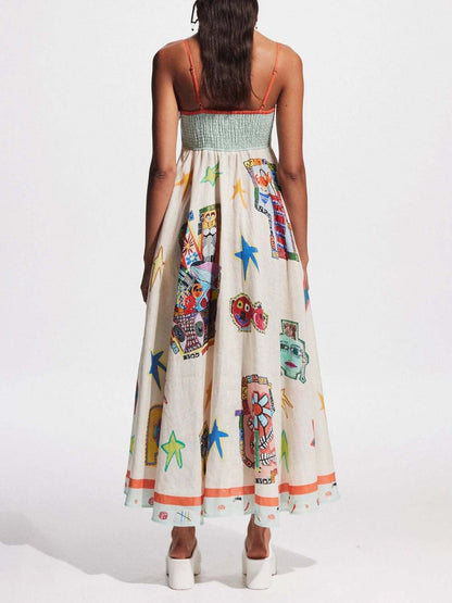 Graffiti Print Suspender Long Swing Unique Midi Dress