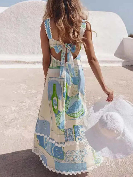 Painted Print Open Back Bow Dress