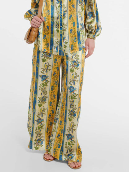 Satin Floral Stripe Wide-Leg Pants