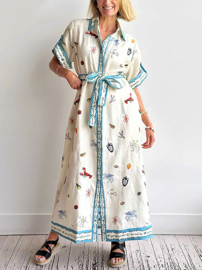 Fresh Ocean Lobster Print Lace-Up Shirt Dress