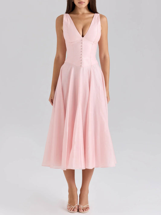 Buttoned Sexy V-Neck Waist-Tied Cami Dress