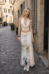 Sexy Backless Halter Top Slim Printed Maxi Skirt Set