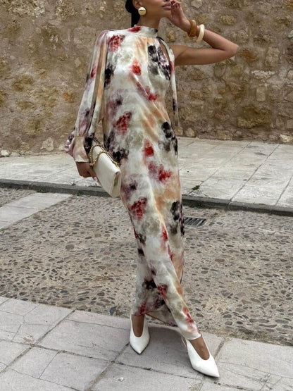 Unique Watercolor Print Single Puff Sleeve Dress