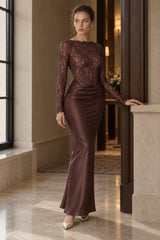 Sheer Lace Panel Ruched Satin Mermaid Maxi Lace Dress