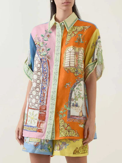 Button Detail Print Shorts Set