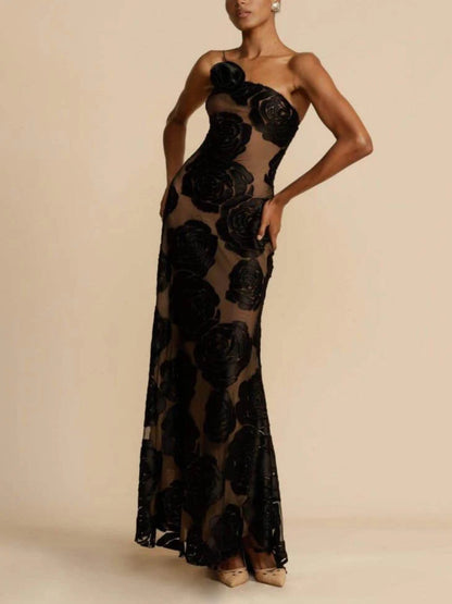 Strapless One-Shoulder Floral Maxi Dress