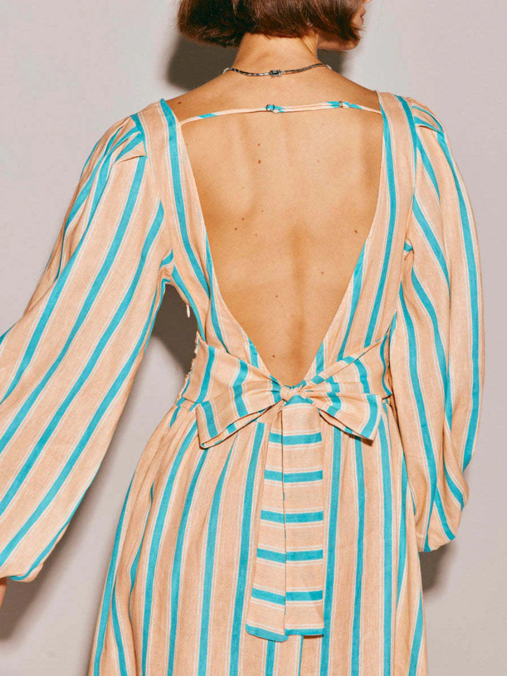 Striped Floral Print Sexy Backless Midi Dress