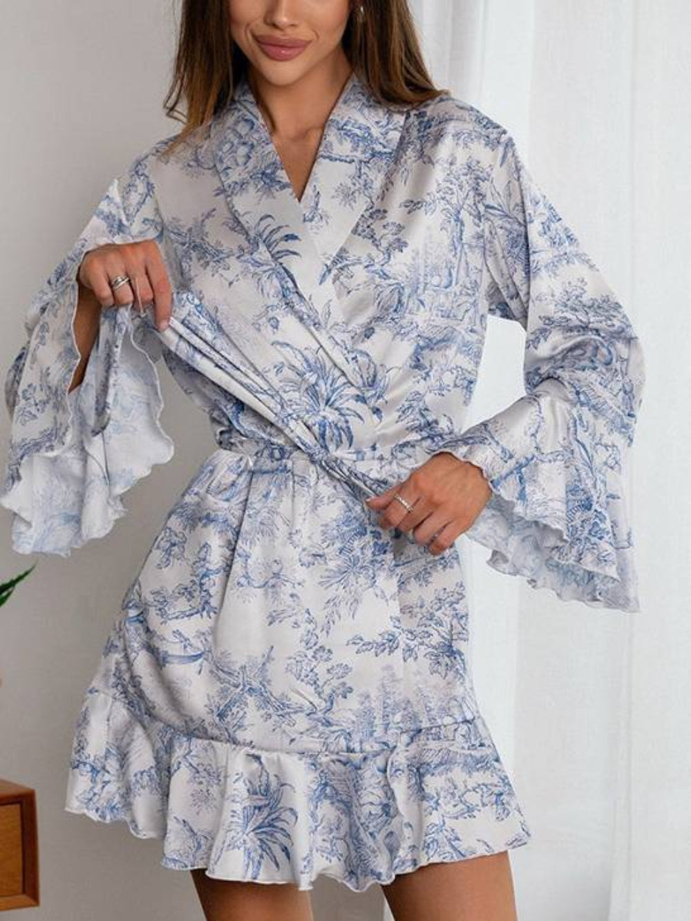 Long Sleeve Printed Ruffled Robe