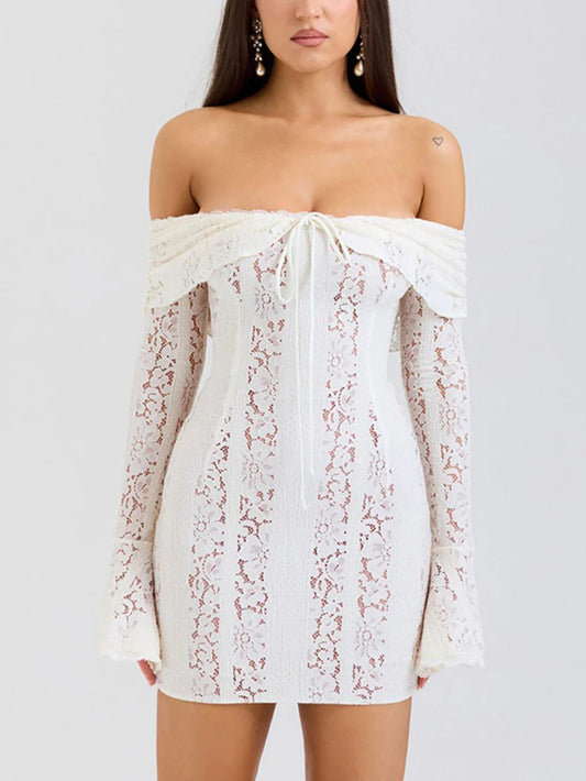 Elegant One-Shoulder Lace Detail Hip-Wrap Dress
