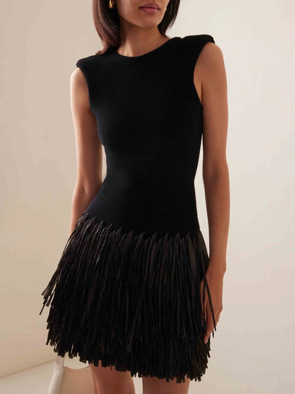 Elegant Raffia Layered Fringed Knit Dress