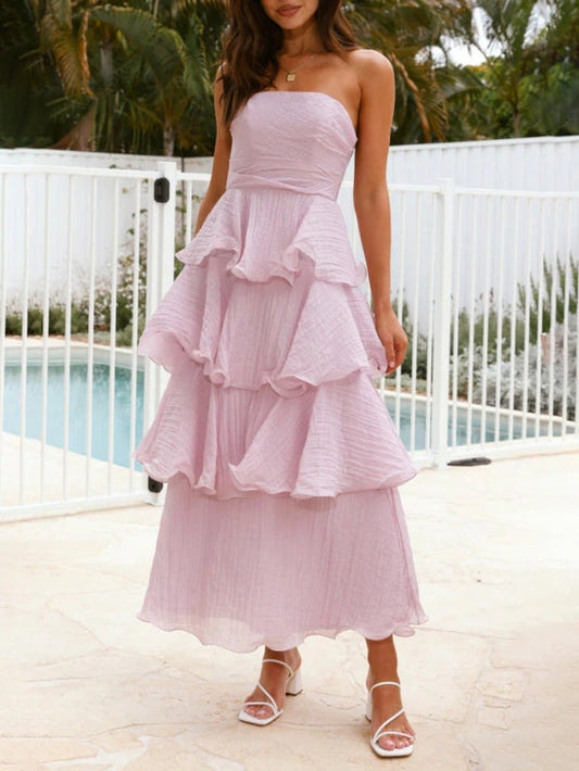Elegant Strapless Backless Layered Midi Dress
