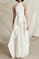 Halter Black White Contrast Pleated Prom Dress
