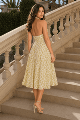 Sexy Backless Halter Floral Midi Dress