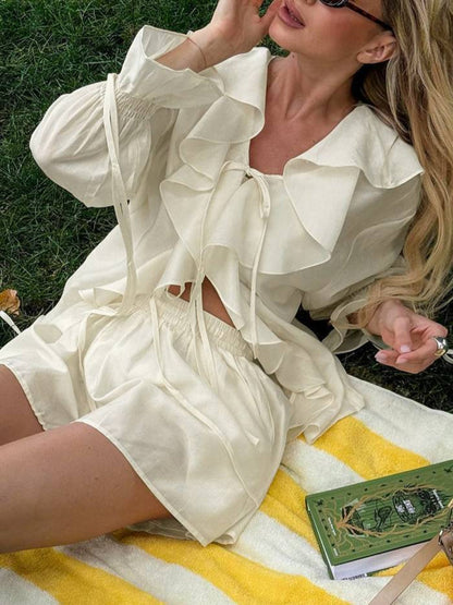 Ruffled V-Neck Top & Shorts Set