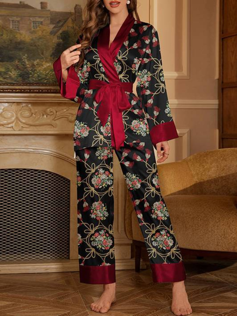 Two Piece Printed Satin Pajamas