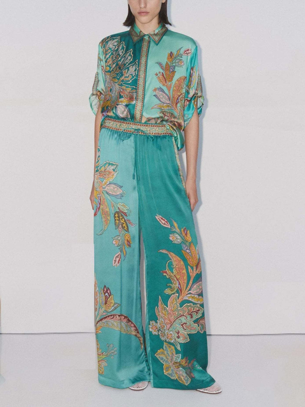 Satin Floral Wide-Leg Pants