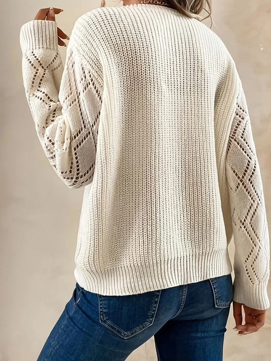 Solid V-Neck Hollow Out Knitted Sweater