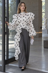 Dot Ruffled Tie Stand Collar Blouse
