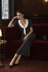 Retro Lapel Slim Polka Dot Maxi Dress