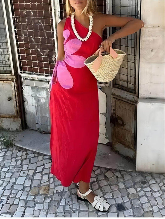 Floral Detail One-Shoulder Fitted A-Line Dress