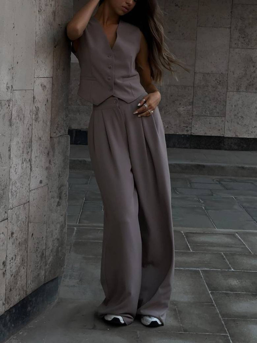 V-neck Vest & Wide-leg Trousers Set