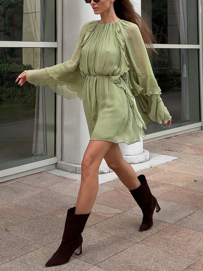 Resort Style Pleated Tiered Ruffle Mini Dress