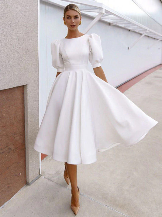 High-neck Bud Sleeve Elegant Midi Dress