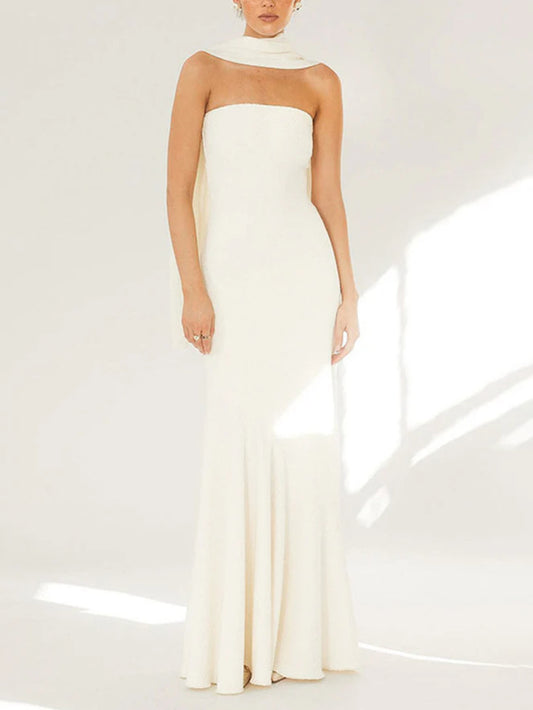 Waist-Tied Strapless Cape Dress