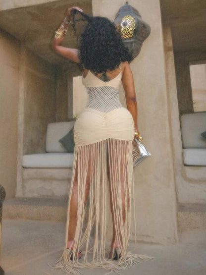 Cami Mesh Waist-Cutout Bodycon Fringe Dress