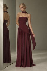 Strapless Scarf Detail Slit Maxi Dress
