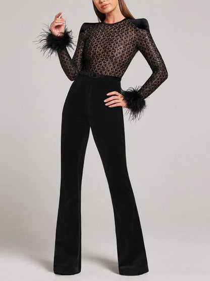 Lace Sequin Feather Trim Flared Jumpsuit