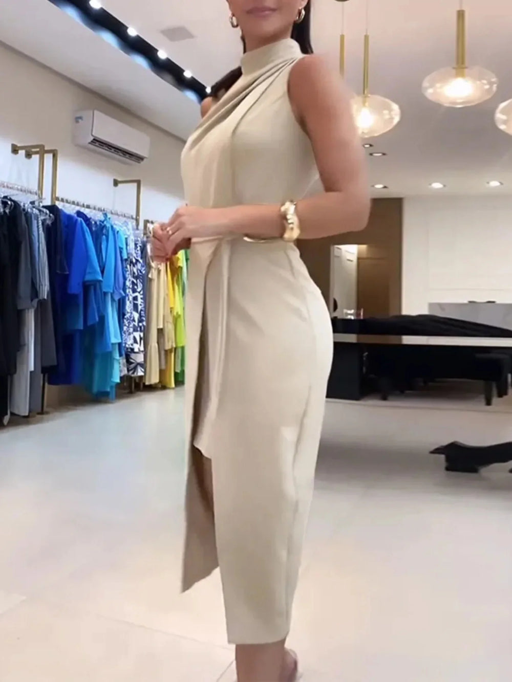 Stand Collar Faux Two-piece Tie-up Split Midi Dress