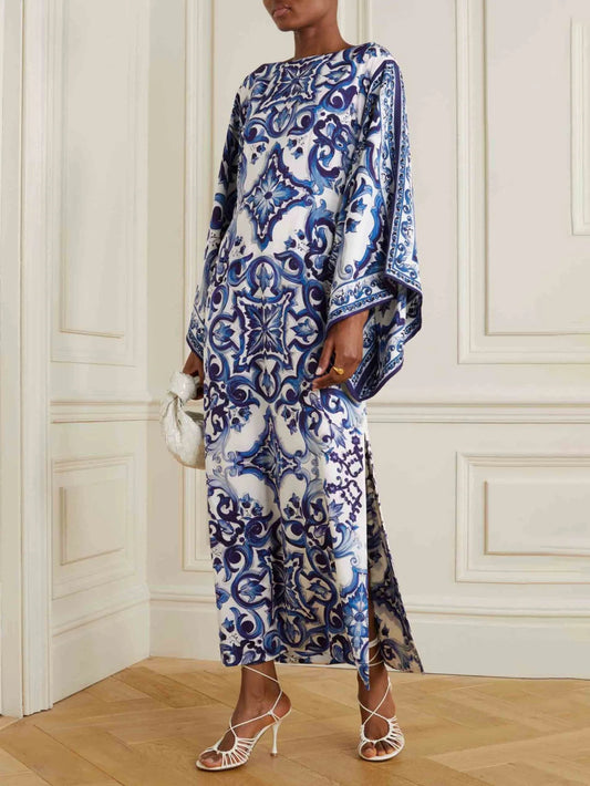 Blue Porcelain Print Off-Shoulder Loose Dress