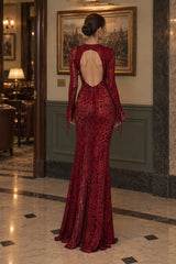Red Leopard Print Crew Neck Backless Mermaid Maxi Dress
