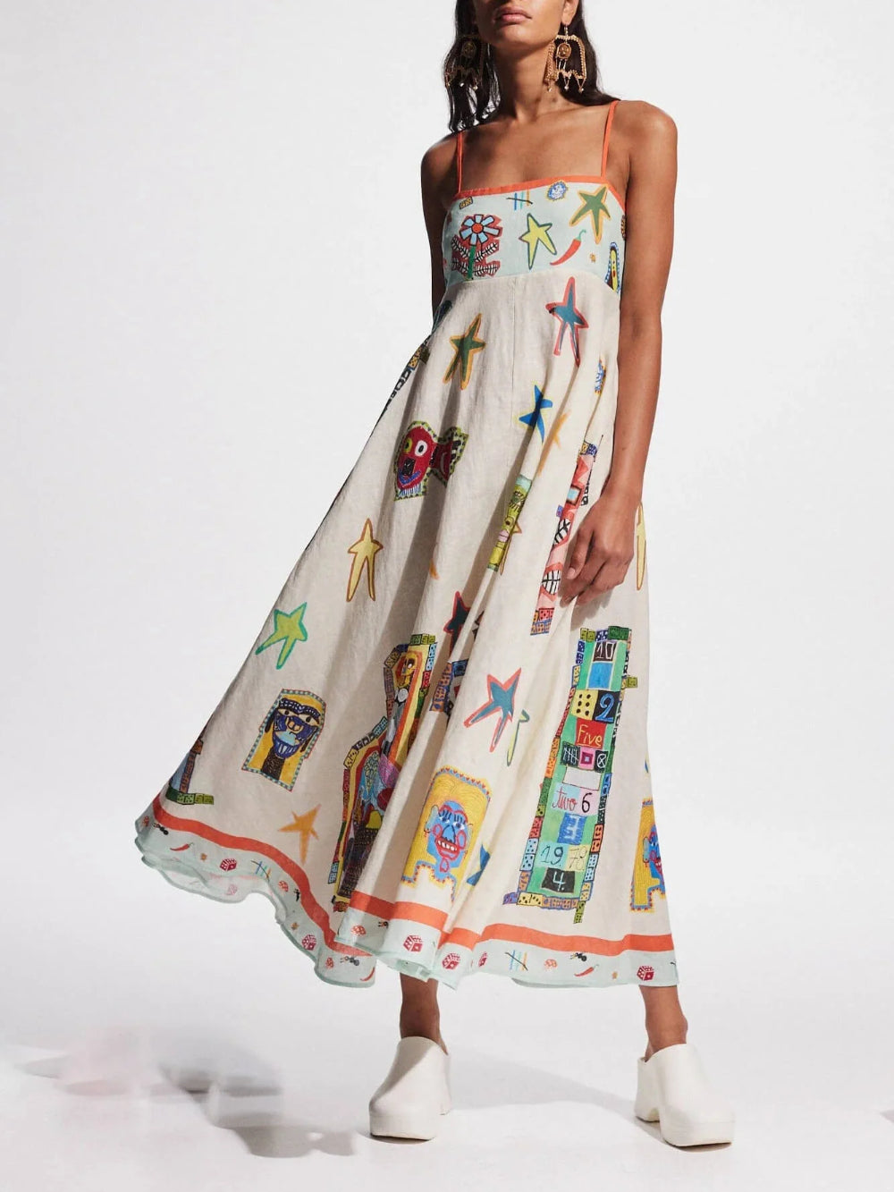 Graffiti Print Suspender Long Swing Unique Midi Dress