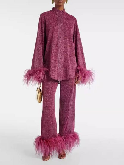 Feather Collar Shirt & Pants Set