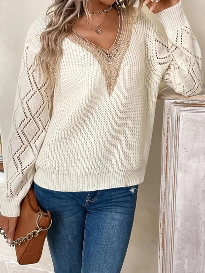 Solid V-Neck Hollow Out Knitted Sweater