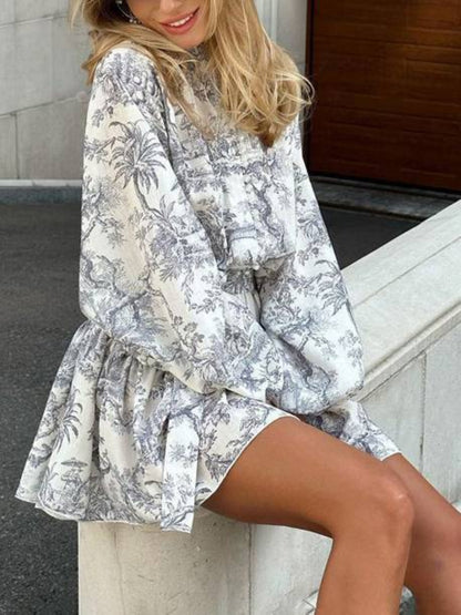 Printed Puff Sleeve Stand Collar Mini Dress