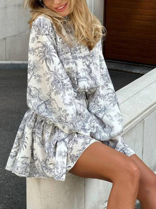 Printed Puff Sleeve Stand Collar Mini Dress