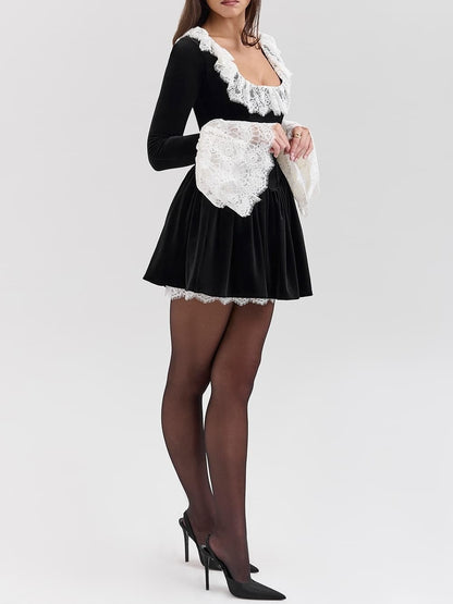 Velvet Lace Trimmed Elegant Mini Dress