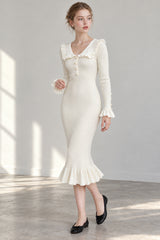 Elegant Women Knitted Sleeve Casual Solid Color Ruffles Hem Party for Beach Cocktail Club Streetwear