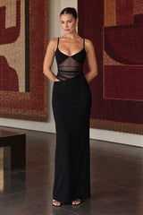 Sheer Panel Plunging Cami Maxi Dress