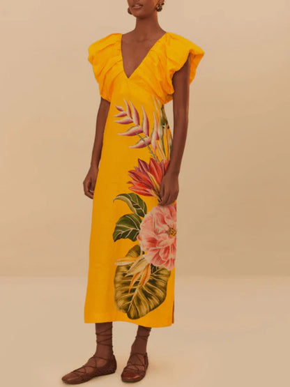 V-neck Pleated Printed Dress