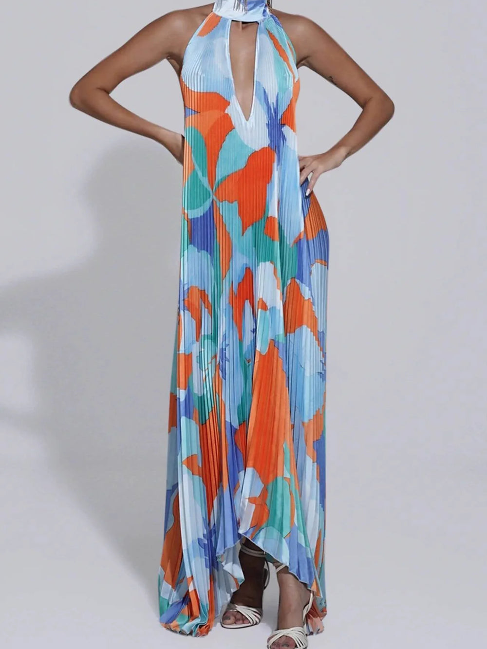 Pleated Halterneck Strappy Backless Midi Dress