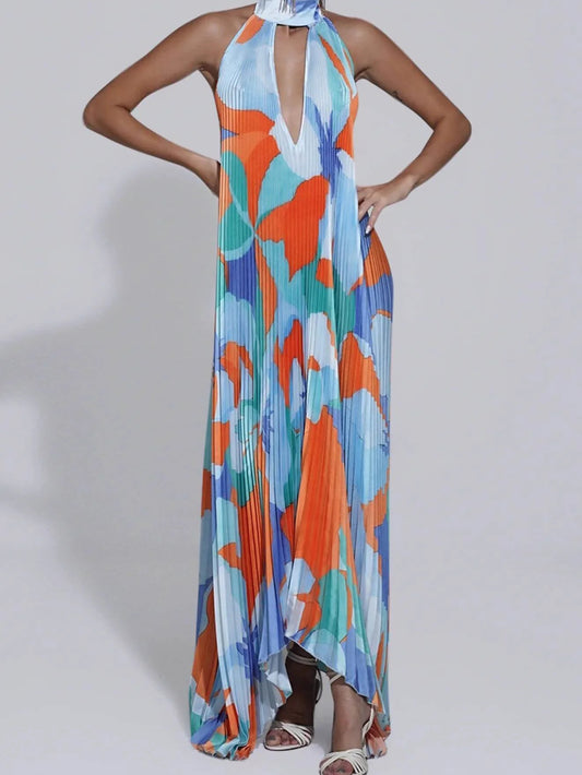 Pleated Halterneck Strappy Backless Midi Dress