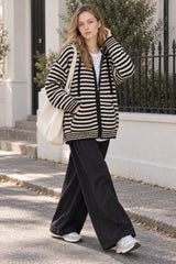 Contrasting Colors Striped Hooded Zipper Cardigan