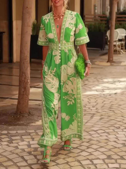 Floral Print V-Neck Short Sleeve Jumpsuit