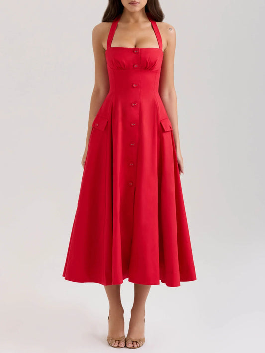 Square Neck Pleated Button Elegant Midi Dress
