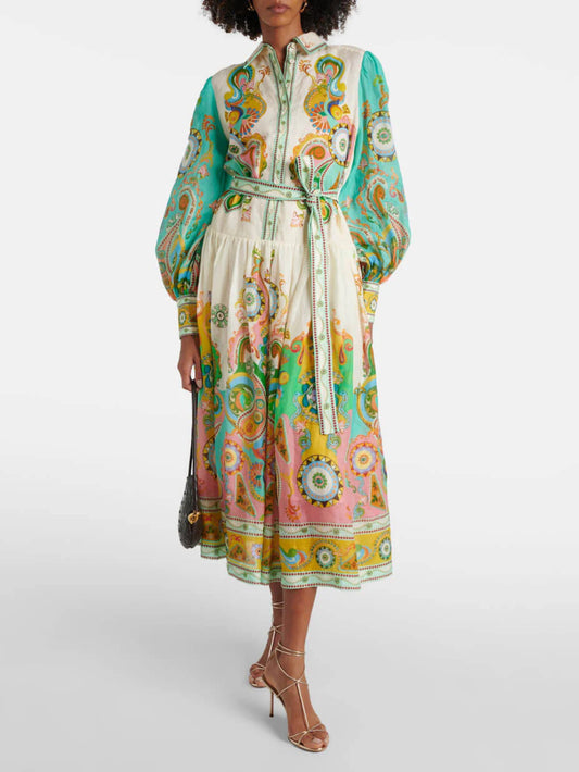 Exquisite Fashion Print Puff Sleeve Tie Midi Dress